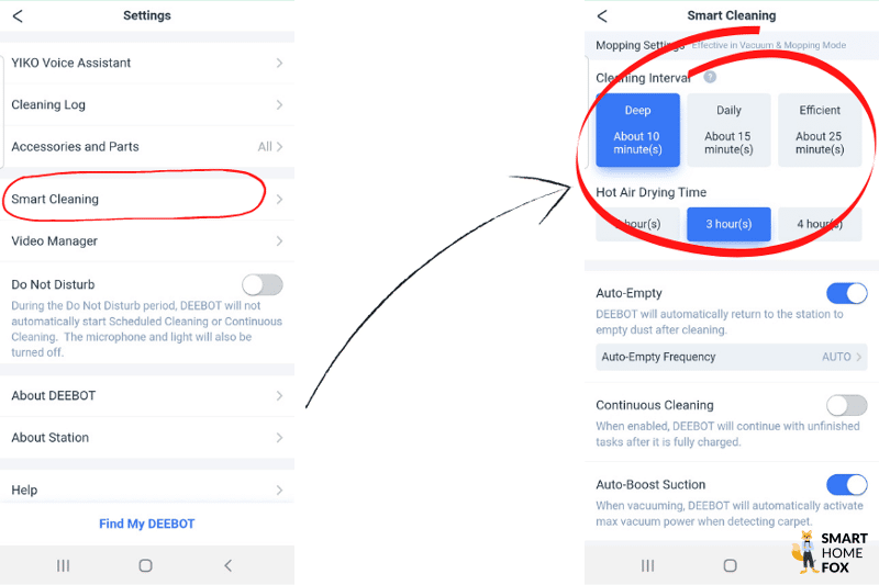 Die Heißlufttrockenzeit und das Reinigungsintervall für die Wischpads wird in der App eingestellt